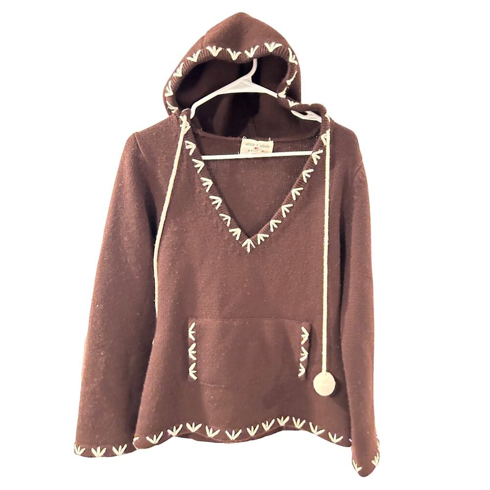 alice olivia scoop collab chocolate hood sweater cozy pom mountain 78%wool v-nec